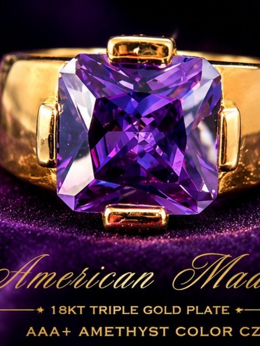 Vintage 1993 American Made AAA+ Amethyst CZ Cocktail Ring Size 6 | Triple 18K Go